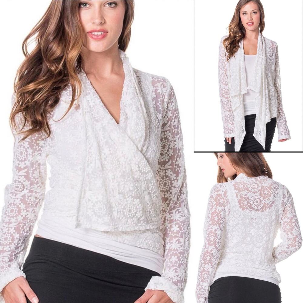 Hard Tail Forever Lace Easy Wrap Cardigan Jacket Top White Women's Medium